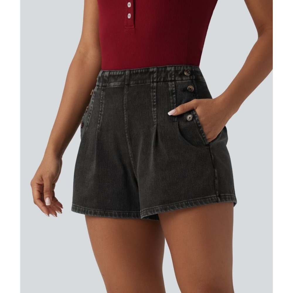 Halara Flex Denim High Waisted Sailor Shorts Washed Black Pleated Size Small NEW